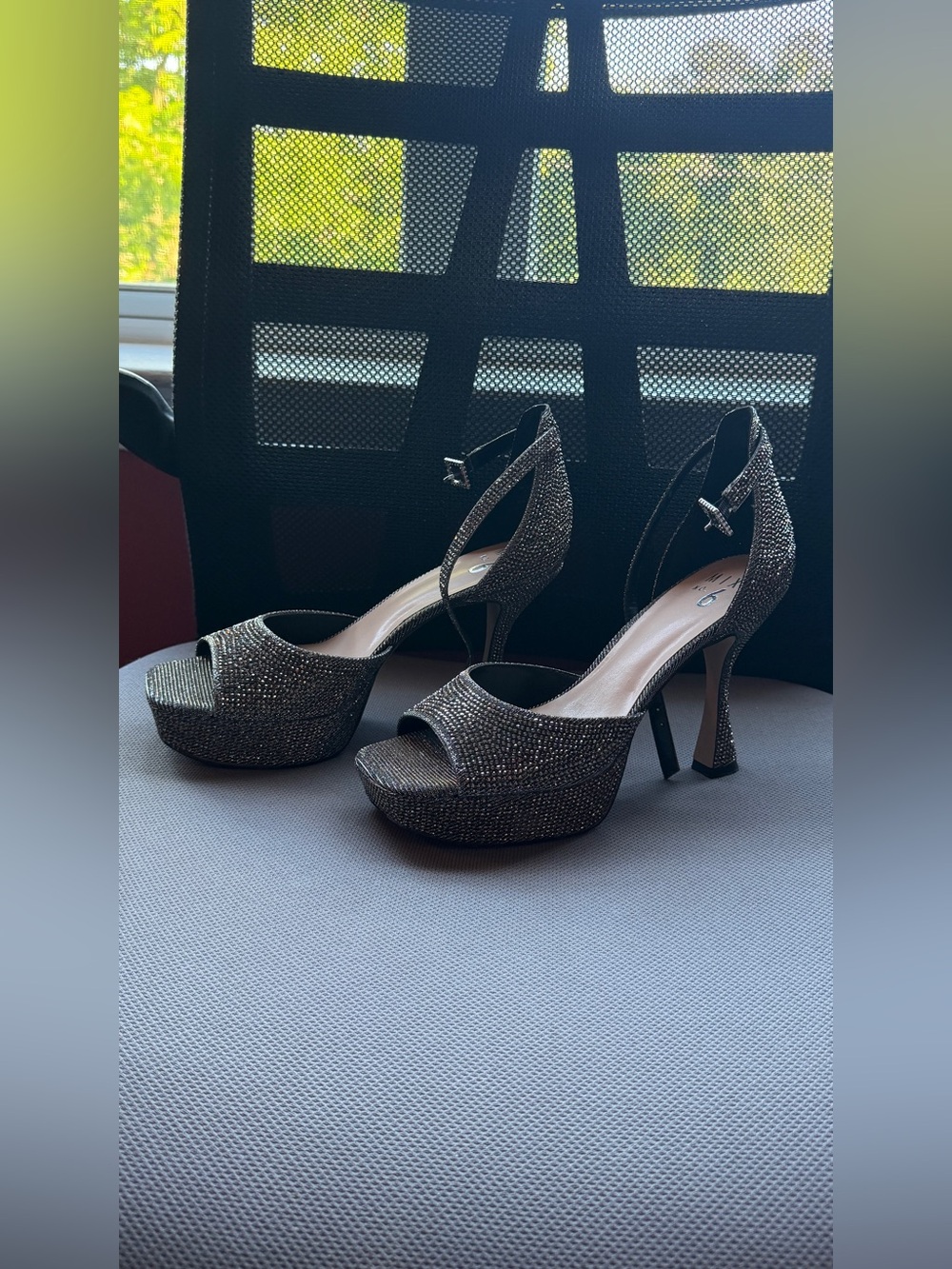 Mix No. 6 Rhinestone Platform Heels Silver Glitter Ankle Strap Pumps 8.5M